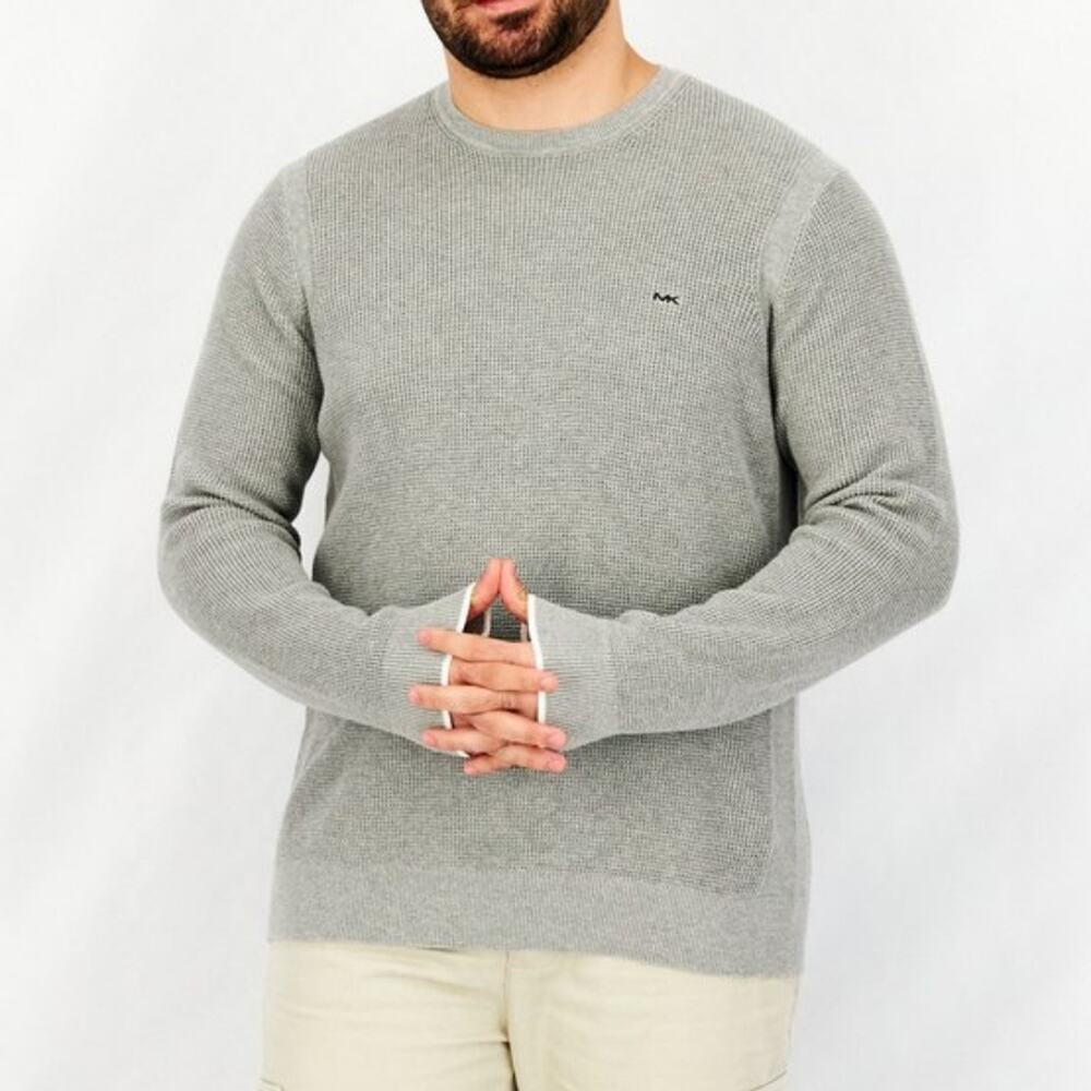 MICHAEL KORS Gray Waffle Knit 100% Cotton Logo Sweater Size Large